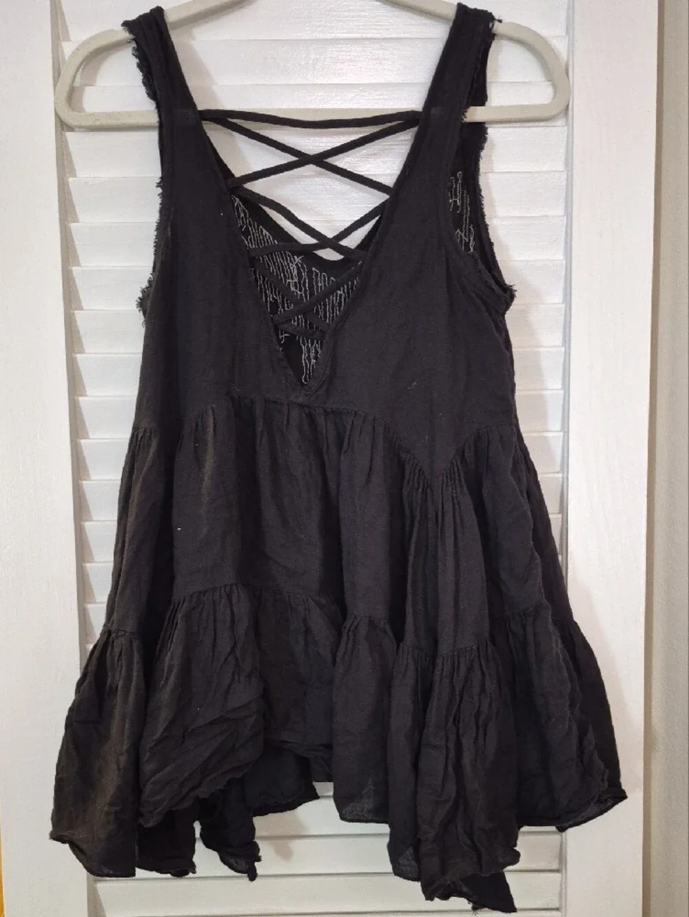 Free People Black Tiered Sleeveless Crisscross Tank with Sequin Fringe